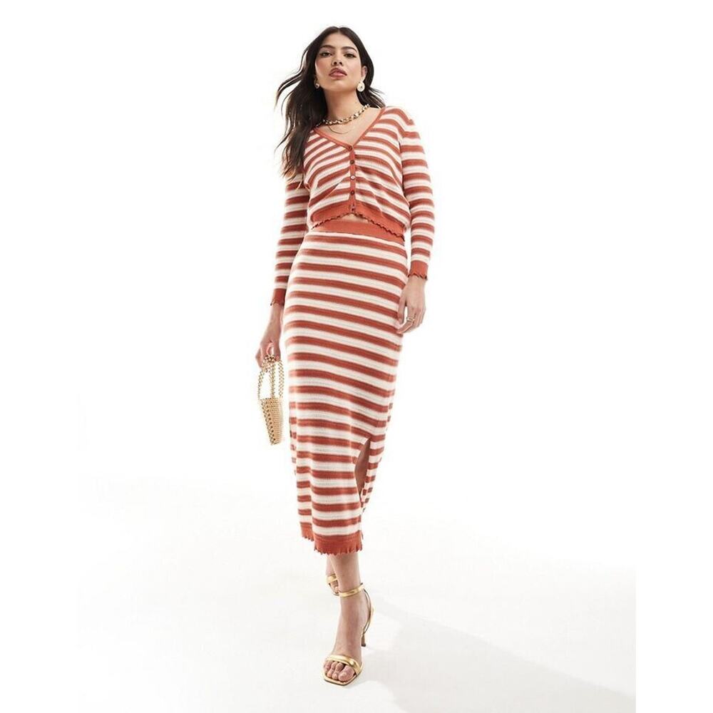 French Connection Knitted Lined Midi Skirt & Cardigan Co-Ord Brown Striped Small